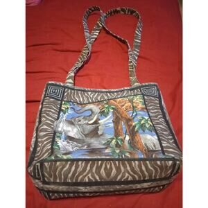 Vintage Large Handmade Quilted Elephant Safari Tote Book Bag Crossbody Shoulder